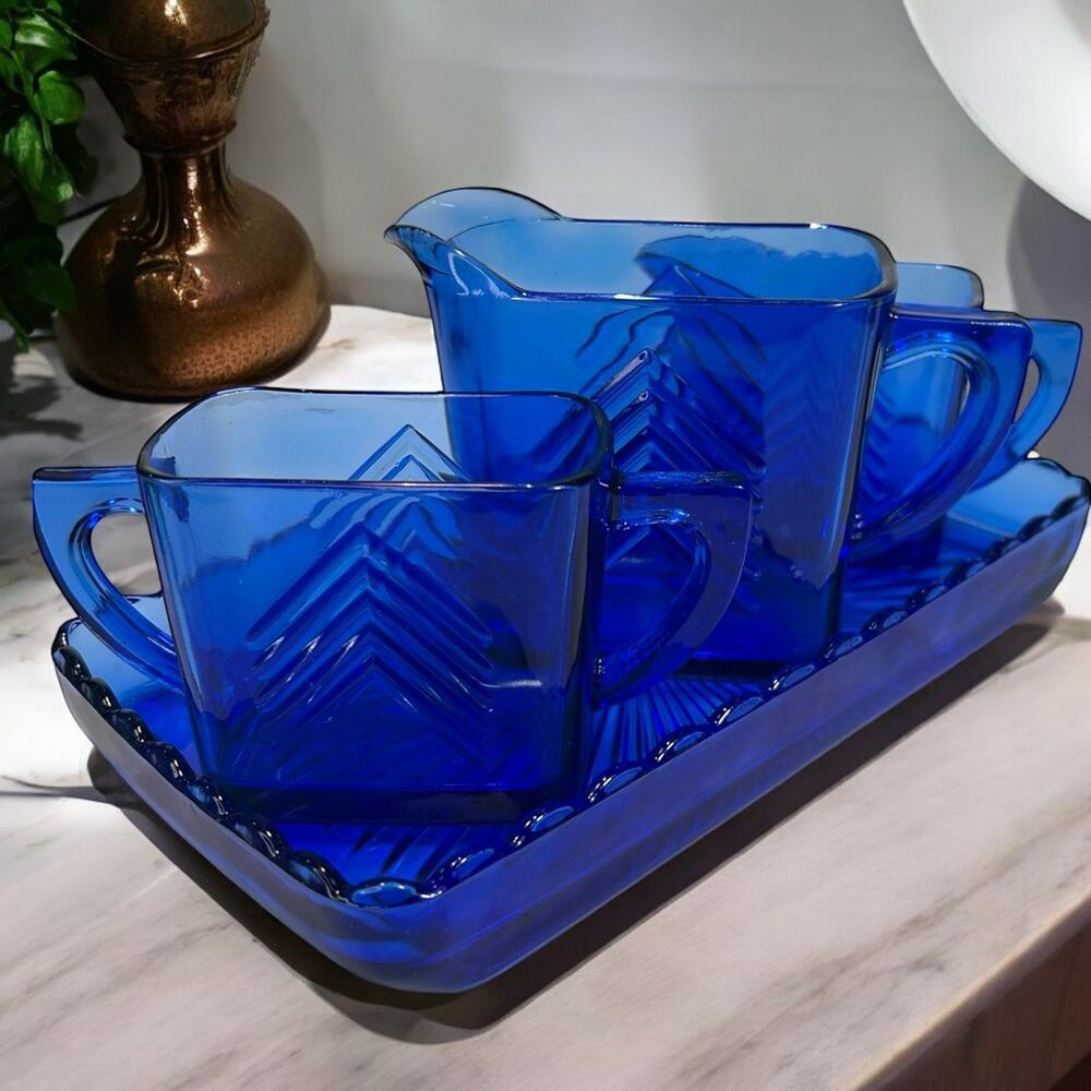 Vintage 1930’s Hazel Atlas Cobalt Blue glass Creamer & Sugar & Milk Set W/ Tray
